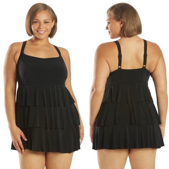 LONGITUDE Black Layered One Piece Swimdress 16 XL - Picture 3 of 11